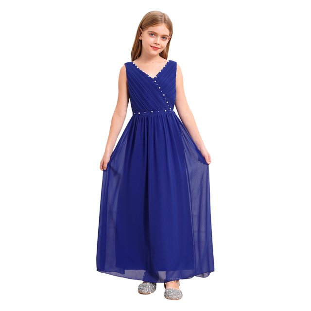 Miaeowve Robe de Demoiselle d'Honneur pour Fille Sans Manches en Mousseline Perlée, Robe de Demoiselle d'Honneur Junior, Robe de Fête de Mariage pour Filles, Bleu Royal 8