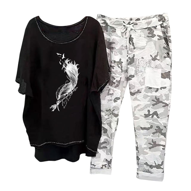 Mikilon Ensemble de Détente Confortable pour Femmes, Tenue d'Intérieur 2 Pcs, Ensemble de Détente Imprimé, Haut à Manches Mi-Longues à Col Rond + Pantalon, Noir-B TP