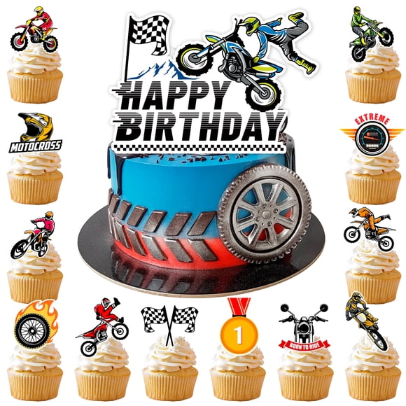 Motorcycle Party Decorations, 24 Pcs Large Cake Toppers and 1 Pcs Cupcake Topper for Dirt Bike Birthday Decorations
