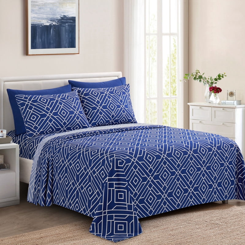 Marina Decoration Ensemble de Draps 6 Pcs en Rayonne de Bambou Ultra Doux Soyeux à Poches Profondes Imprimé Riche pour Toutes Saisons avec 4 Taies d'Oreiller, Motif Géométrique Bleu Taille Très Grand