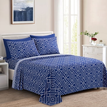 Marina Decoration Ultra Soft Silky Deep Pocket Rich Printed Bedding Rayon from Bamboo All Season 4 Pieces Sheet Set with 2 Pillowcases, Blue Geometric Pattern Twin/Single Size