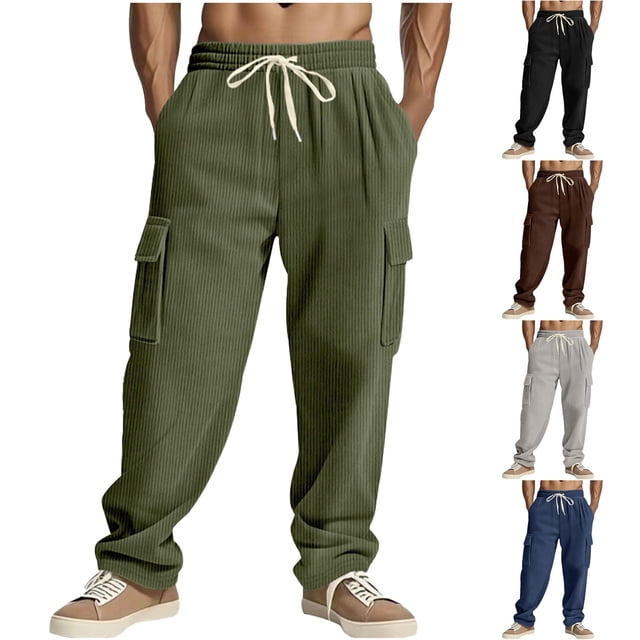 Styesk Men's Pants Men's Solid Color Casual Elastic Waistband Drawstring Pocket Workwear Pants