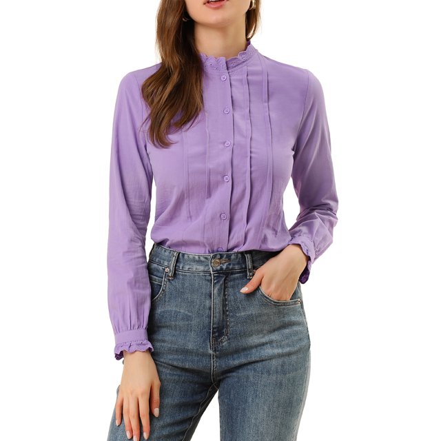 INSPIRE CHIC Women's Lace Mock Neck Long Sleeve Cotton Button-Down Shirt