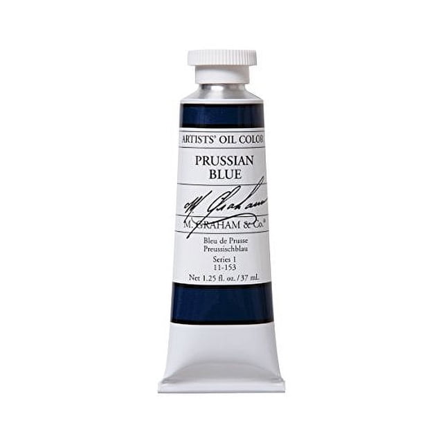 M. Graham Artist Oil Paint Prussian Blue 1.25oz/37ml Tube shown in a front-facing view. The tube has a white label with black text displaying the color name, brand, and specifications, with a deep blue paint swatch near the bottom. Ideal for artist-grade oil painting projects.