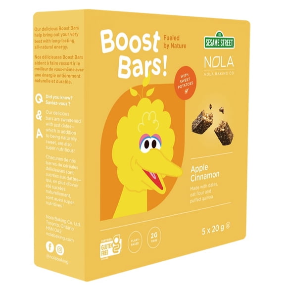 Kids Snack Bars 20g, Pack of 5 - Gluten-Free, All Natural & Vegan - Apple Cinnamon, Nola Sesame Street Boost Bars