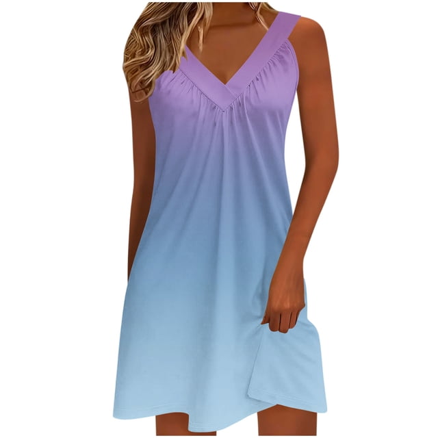 Kyusrd Robe Débardeur d'Été pour Femmes Robe Courte Plissée à Col en V Sans Manches Robe Soleil T-Shirt Robe Trapèze Robe Courte de Plage