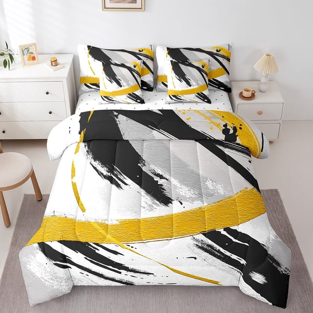 YST Gradient Abstract 7-Piece Comforter Set, King Size, Modern Art Inspired Bedding, Black Grey Yellow