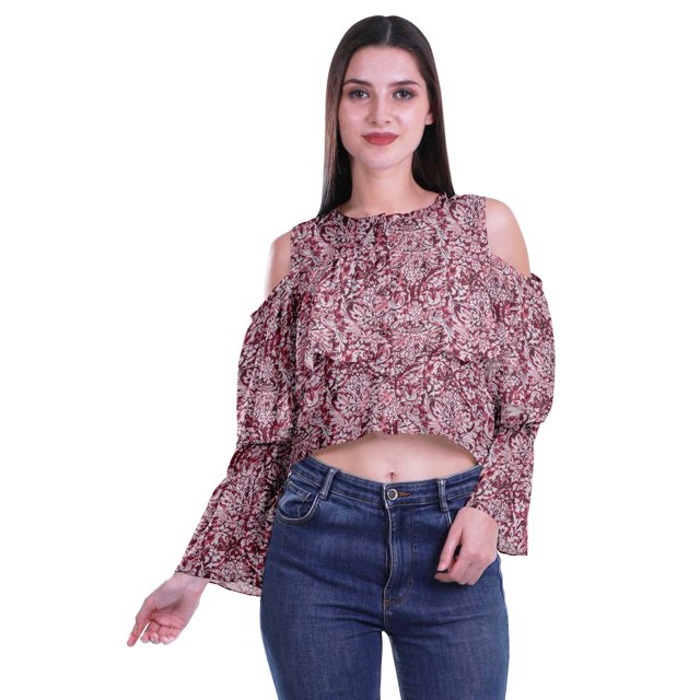 Moomaya Cold Shoulder Tops Shirts For Women Button Down Long Ruffle Sleeve Top