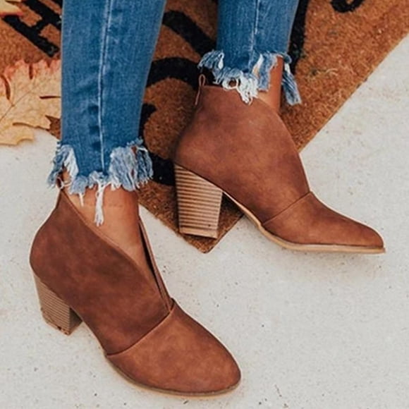 YOUSNH Women's Boots Ankle Boots Stacked Heel Booties Fahsion Leather Short Boots Women Boots Brown 9