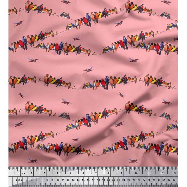 Soimoi Modal Satin Fabric Colorful Bird Print Fabric by the Yard 42 Inch Wide