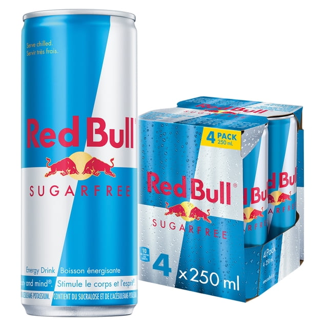 Red Bull Energy Drink Sugar Free 250 ml can in blue and silver with red bull logo, shown with a 4-pack carton of four 250 ml cans featuring condensation droplets, suitable for energy and mental focus support.