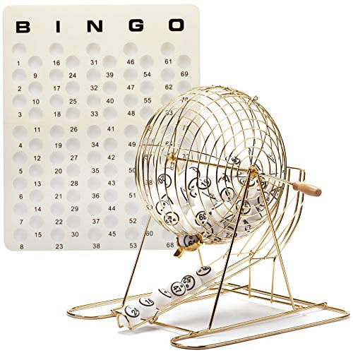Professional Bingo Game Set with an extra-large brass bingo cage featuring a solid wood handle and brass weighted cup for automatic ball selection. Includes 75 white, 1.5-inch ping pong style bingo balls and a universal plastic masterboard measuring 16.5 inches wide by 20.5 inches long. Suitable for bingo halls, parties, fundraisers, raffle, and lotto drawings.