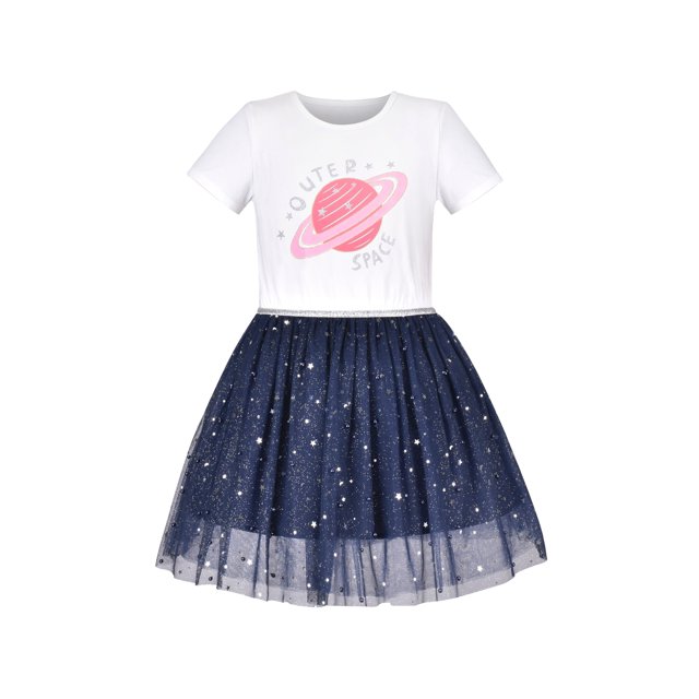 Robe Fille Paillettes Planète Étoile Argent Perles Tulle Manches Courtes 7 Ans
