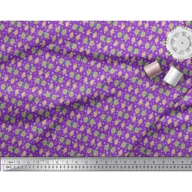 Soimoi Purple Cotton Jersey Fabric Hearts & Owl Bird Printed Craft Fabric by the Yard 58 Inch Wide