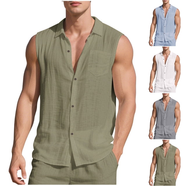 Yuyuzo Tank Tops Men Sleeveless Cotton Linen Button down Shirts Summer Casual Beach Vacation Muscle Plain Vestss