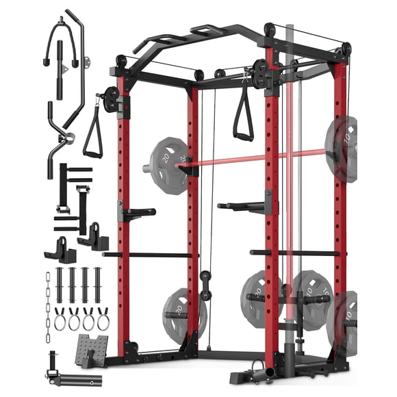 Yiwa 1600lb Power Cage, Multi-Functional Home Gym Squat Rack with Cable Crossover and Training Attachments