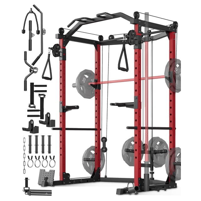 Yiwa 1600lb Power Cage, Multi-Functional Home Gym Squat Rack with Cable Crossover and Training Attachments. Built with a 1,600 lb steel frame using 2"×2" heavy-gauge tubing for stability during squats, presses, and pulls. Equipped with a cable crossover machine featuring nylon-coated cables, 16 adjustable height positions, and a pulley system for exercises like fly, lat pulldown, and rows. Includes over 20 attachments such as a multi-grip pull-up bar, J hooks, dip bars, cable grip handles, and a 360° landmine. Ideal for comprehensive strength training, targeting various muscle groups. Red and black frame with visible weight plates and accessories.