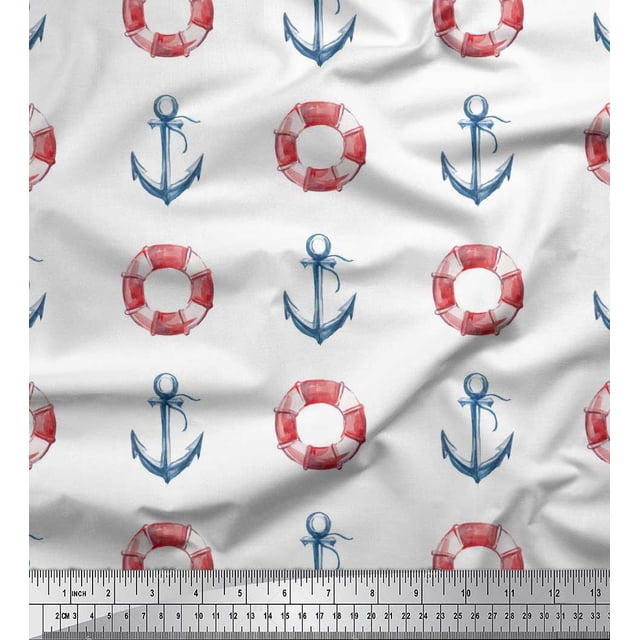Soimoi White Modal Satin Fabric Life Ring & Anchor Hook Nautical Printed Fabric 1 Yard 42 Inch Wide