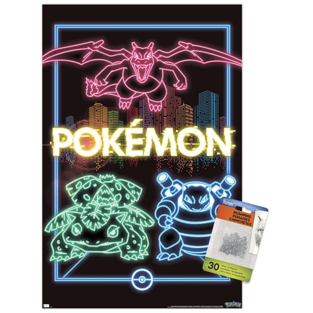 Pokémon - Affiche Murale de Groupe Néon, 14,725 Po x 22,375 Po Encadrée, Présentant des Contours Néon de Charizard en Rose, Vénusaure en Vert et Blasttoise en Bleu avec une skyline de Ville Néon et un Texte de Pokémon Jaune Lumineux sur Fond Noir, Convient à la Déco Murale et à la Décoration de Fête.