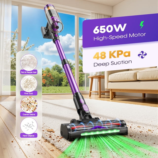 Stick Cordless Vacuum Cleaner, 650W 48KPa Vacuum W/LED Screen, Anti-Tangle Brush