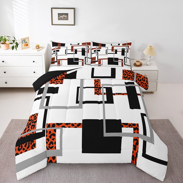 YST Ensemble de Douillette Noir Rouge à Imprimé Léopard Simple, Literie Mi-Siècle Moderne, Ensembles de Literie à Rayures Grises, Insert de Couette Réversible à Lignes Abstraites avec 1 Taie d'Oreiller