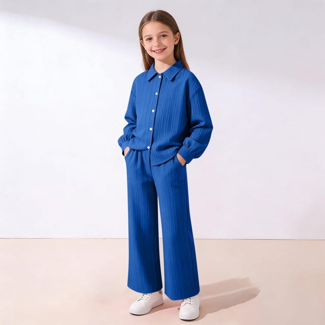 EGNMCR Long Sleeve Turndown Collar Set Children's Solid Color Long Sleeve Turn-Down Collar Button-Up Top With Elastic Waist And Pockets And Pants Set Girl polyester set