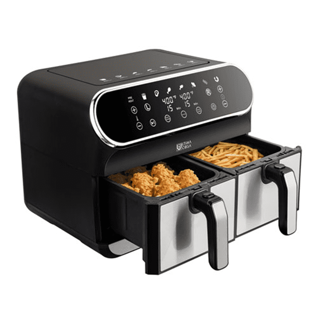 Ultima Cosa AF002B8DS Preso Luxe 8L/8.5Qt Digital Dual Zone Air Fryer with a sleek black stainless steel finish. Features two removable baskets with handles, shown cooking chicken and fries, and a digital touchscreen control panel with eight preset cooking programs. Ideal for air-frying meals with minimal oil, perfect for families or entertaining.