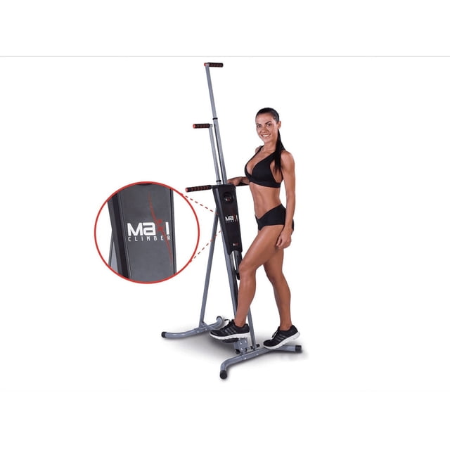 MaxiClimber, the revolutionary vertical climber as seen on TV, shown in a front-facing view with a sleek grey frame and ergonomic design. The MaxiClimber 2.0 features an innovative elastic resistance system for targeting power, strength, and endurance. A close-up inset highlights the MaxiClimber logo on the central frame. The machine includes adjustable height, isometric non-stick grips, and a personal workout timer. A woman in athletic attire demonstrates the climber, emphasizing its suitability for full-body workouts combining cardio and muscle toning. Compact and foldable for easy storage, it is 90% pre-assembled and compatible with the MaxiClimber Fitness App for virtual coaching.