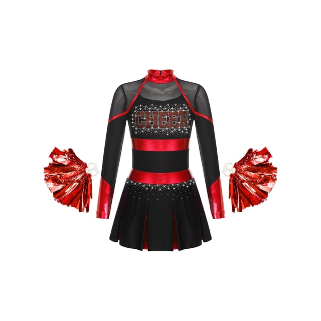 Hansber Déguisement d'Halloween pour Filles Enfants, Costume de Pom-Pom Girl pour Fête, Uniforme de Cheerleading à Manches Longues, Robe de Danse avec Pompon, Noir&Rouge 14