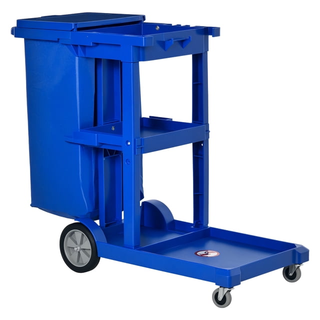 HOMCOM Commercial Janitorial Cart, Professional Cleaning Trolley in blue, featuring a durable PP plastic frame with a 3-tier design for ample storage. Includes a large PVC trash bag with a lid, non-marking casters, and an anti-slip push handle for easy mobility. Suitable for commercial use in hotels, offices, and restaurants. Dimensions: 47.6 inches long, 19.9 inches wide, and 39.4 inches high.