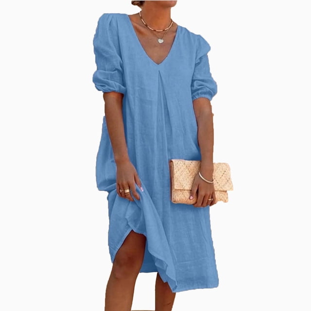 EQWLJWE Robes d'Été pour Femmes 2023 Robe Longue Plissée Décontractée à Manches Mi-Longues en Coton et Lin pour Femmes 2023