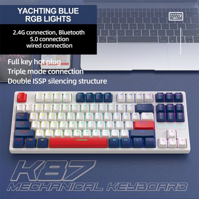 Clavier K87 Gaming Connexion 3 Modes Clavier Rétroéclairé RGB pour PC Portable Yacht Bleu K87rgb Axe Rouge