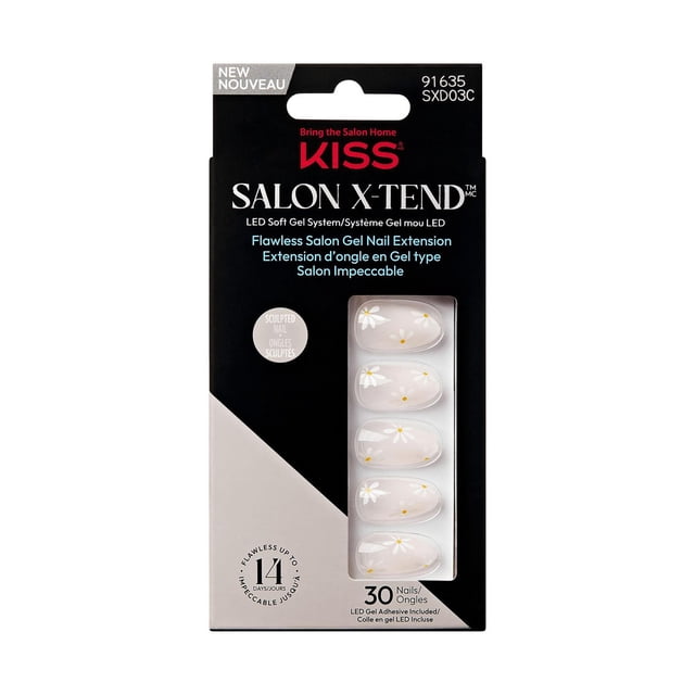 KISS Salon X-tend LED Soft Gel System Decorated Nails with 30 pre-sculpted gel nail extensions featuring white daisy floral designs on a translucent base, packaged in black and beige with a clear window, providing a salon-quality gel nail extension system.