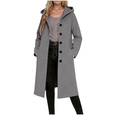Winter Coats for Women, Ladies' Casual Warm Winter Daily Solid Color Long-Sleeve Hooded Woolen-Like Trench Coat Top with Pockets & Buttons, Regular-Fit, Long Coats for Women