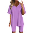 thumbnail image 2 of Ensembles d'Entraînement pour Femmes 2 Pcs Mode pour Femmes Blouse à Col en V de Couleur Unie Hauts à Manches Courtes Shorts Ensembles de Tenue Décontractée Ensembles de Détente d'Été pour Femmes en Liquidation, 2 of 4