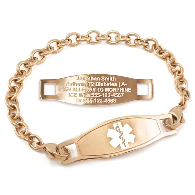 MedicEngraved Rose Gold Stainless Steel Custom Medical Alert Bracelet - 5mm Oval Link