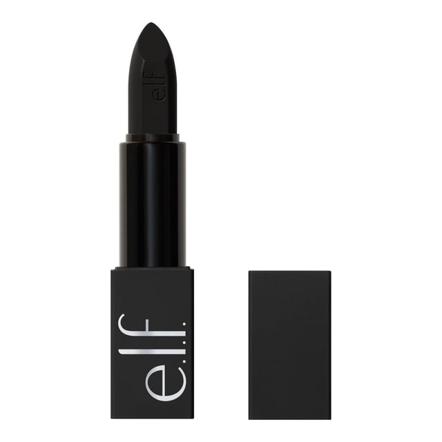 e.l.f. Cosmetics O Face Rouge à Lèvres Satiné Noir à Fini Satiné, Montré avec Capuchon Enlevé à Côté du tube, Présentant un Emballage Noir Épuré avec le logo e.l.f. Blanc, Connu pour Sa Formule Hydratante et Longue Durée avec des esters de squalane et de jojoba.