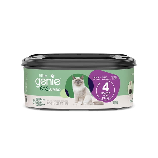 Litter Genie Eco Contenant de Recharge Jumbo avec Couvercle Noir et Étiquette Verte Mettant en Vedette un Chat Blanc et Gris Assis, Contenant des Sacs de Litière pour Chat Compostables Faits d'Un film compostable Qui Dure jusqu'à 4 Mois pour un Chat, avec 8,53 Mètres (28 Pieds) de Recharge compatible avec les Seaux standard, plus et TG+.
