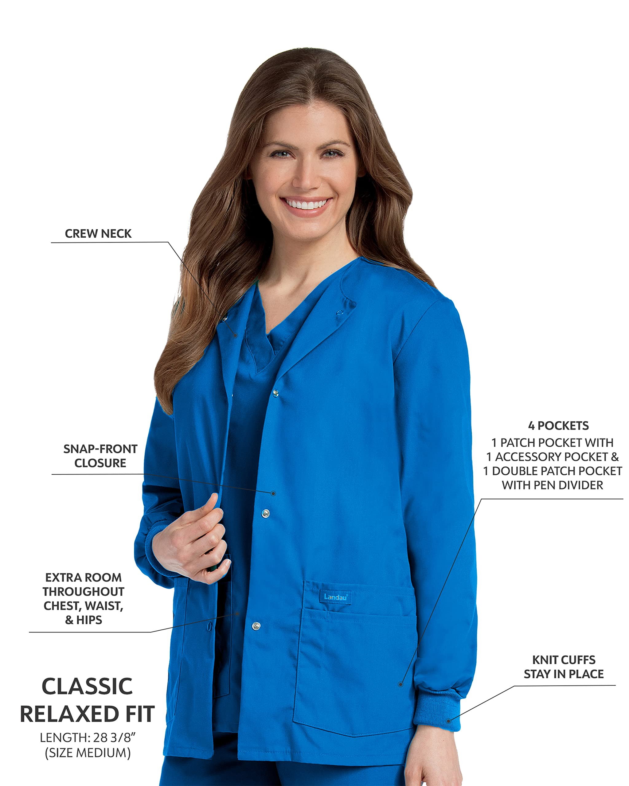 Landau Essentials Women's Classic Relaxed Fit 4 Pocket Crew Neck Scrub Jacket