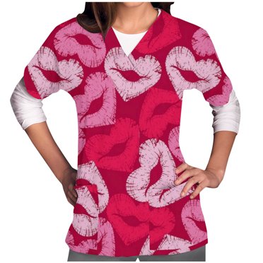 TIMIFIS Hauts de Sarrau d'Infirmière pour Femmes, Saint-Valentin, Uniforme de Travail, Manches Courtes, Col en V, Blouse T-shirt de Tenue de Travail avec Poches - Imprimé Violet
