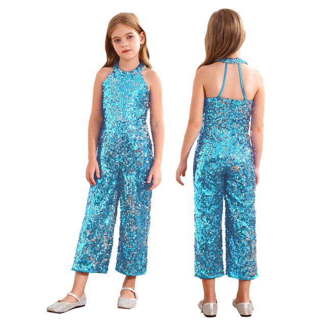 HULIJA Combinaison à Sequins pour Filles, Tenue de Concours Formelle Sans Manches, Bleu Ciel 12