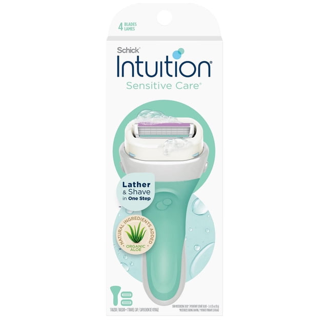 Schick Intuition Naturals Sensitive Care Women’s Razor with Aloe featuring a mint green ergonomic handle and a white 4-blade pivoting head surrounded by aloe-infused moisturizing solid that lathers and shaves in one step, designed for sensitive skin.
