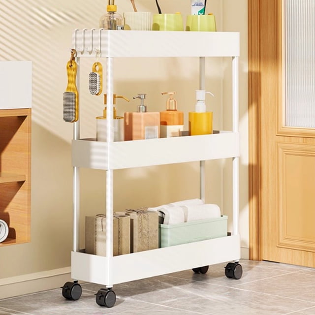 Three-Layer Movable Narrow Storage Rack with Pulleys, Thick Plastic, 40cm x 12cm x 62cm, Adjustable Partitions, Brake Lock, for Bathroom and Kitchen Crevices