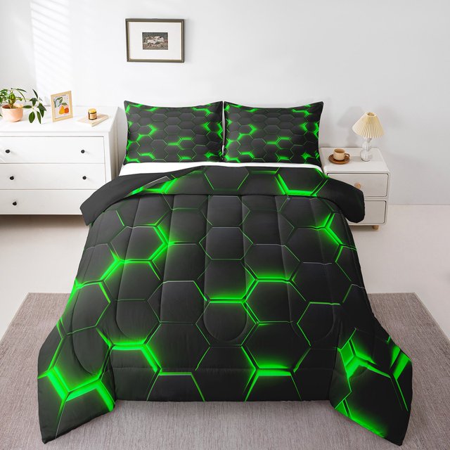 Ensembles de Douillette à Imprimé Nid d'Abeilles Vert pour Garçons Filles, Literie Géométrie Format Simple, Ensembles de Douillette Ruche Géométrique Modernes Abstraits à Carreaux, Couette avec Insert, Motif Hexagonal, Courtepointe 2 Pcs
