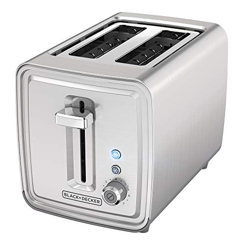 Stainless steel 2-slice Black+Decker toaster with extra-wide self-centering slots, browning control dial, and indicator lights.