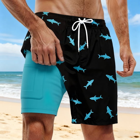 Men's Casual Shorts Lightweight Beach Trunks With Double Layer Print Design For Summer Outdoor Water Sports And Everyday Wear
