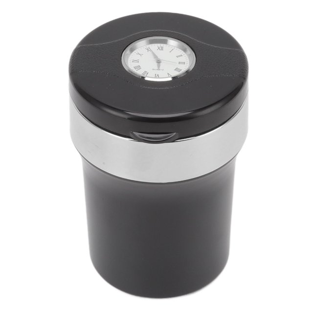 Car Ashtray, Black Stainless Steel Inside LED Mini Car Trash Can With Real Clock, Indoor Multipurpose Trash Can For Car