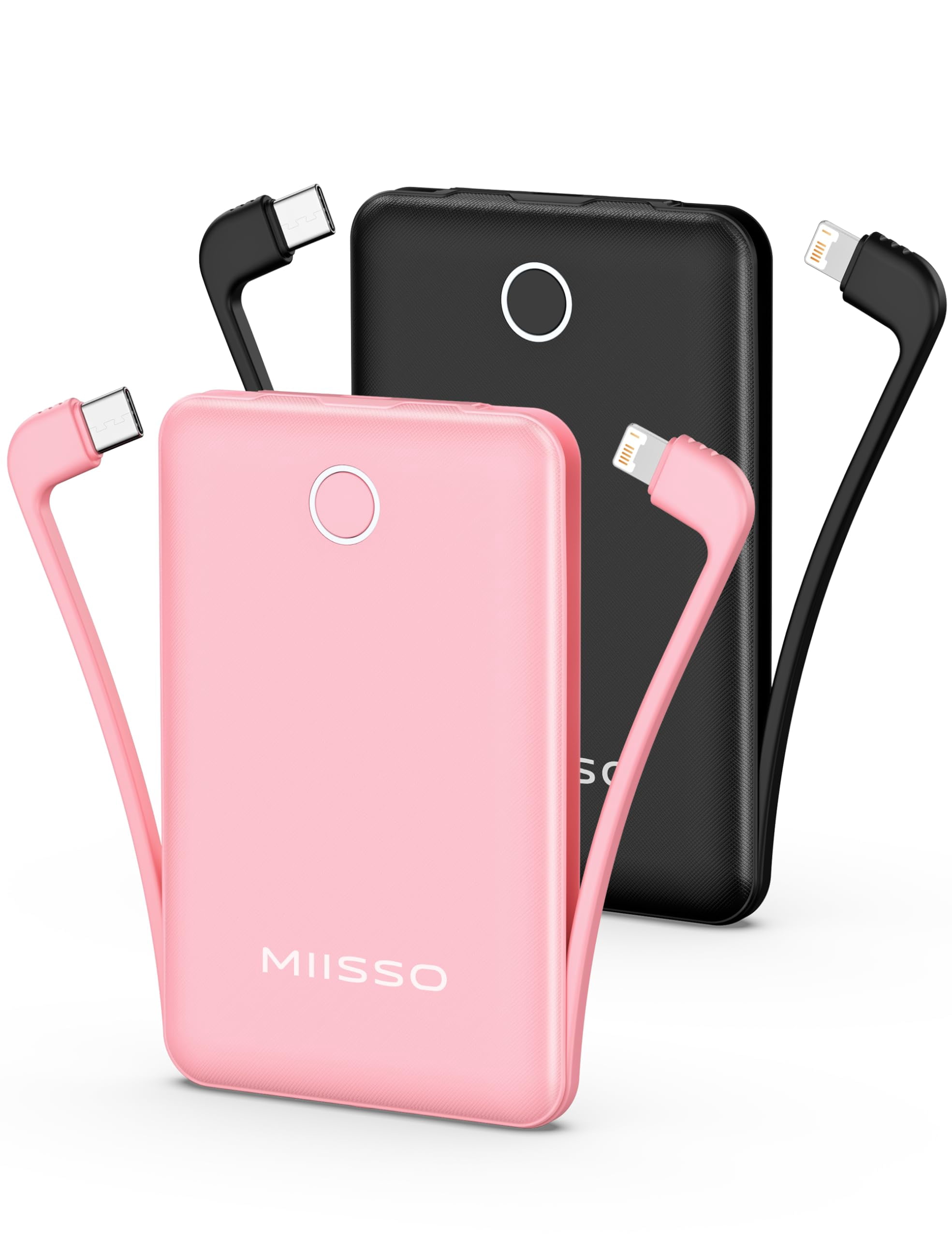 10000mAh Mini Portable Charger with Built in Cable, Pocket Size Power Bank Travel External Battery Pack for Phone, 3 Output USB Type C Cord Clutch Co