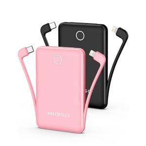 10000mAh Mini Portable Charger with Built in Cable, Pocket Size Power Bank Travel External Battery Pack for Phone, 3 Output USB Type C Cord Clutch Co