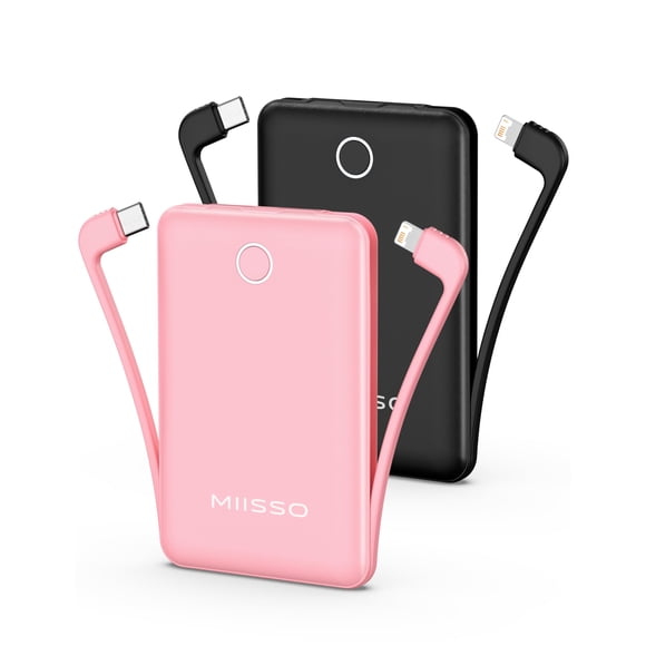 10000mAh Mini Portable Charger with Built in Cable, Pocket Size Power Bank Travel External Battery Pack for Phone, 3 Output USB Type C Cord Clutch Co